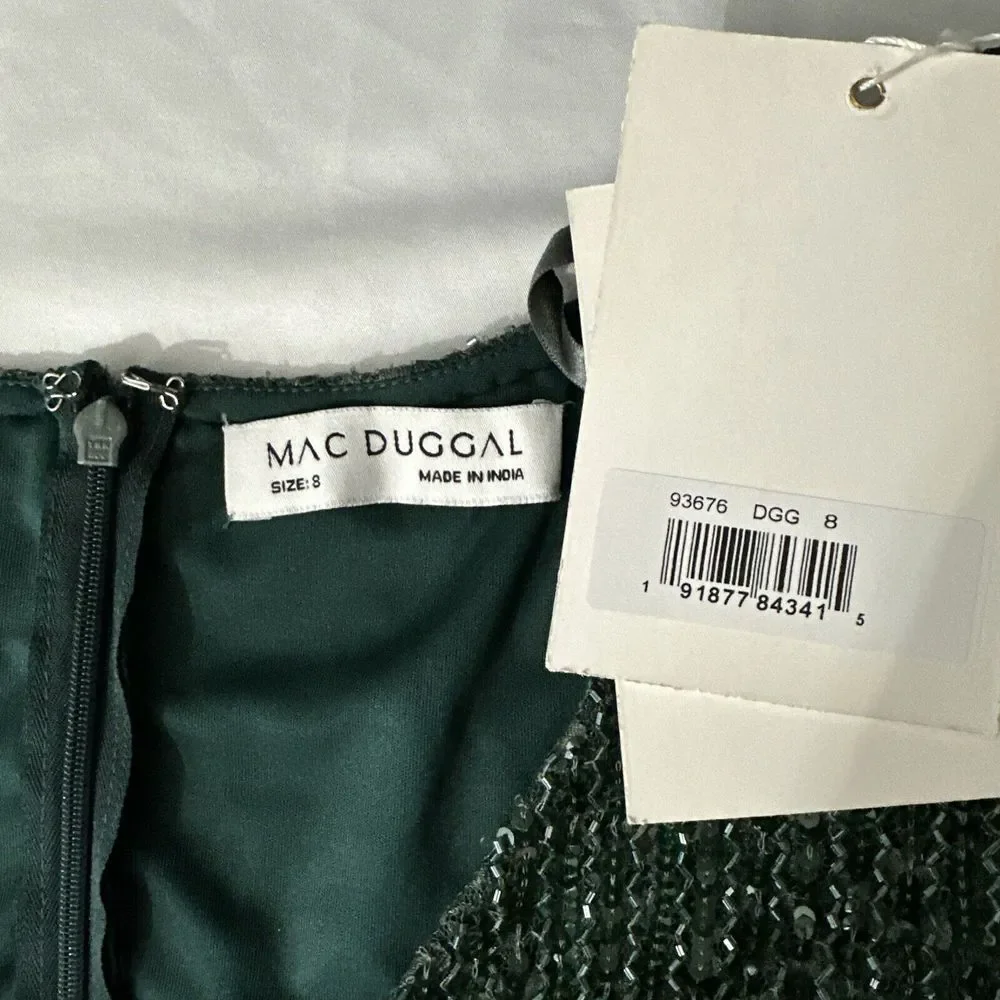 NWT $538 Mac Duggal [ 8 ] 93676 Beaded Lace‎ Long Sleeve Midi Dress Deep Green